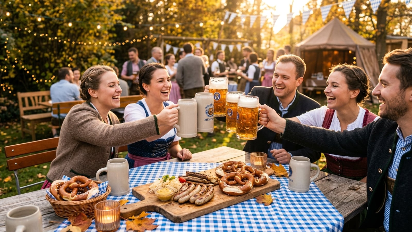 A backyard Oktoberfest party table with ceramic beer steins filled with amber lager, bratwurst, giant soft pretzels, and a blue-and-white checkered tablecloth in warm golden-hour light