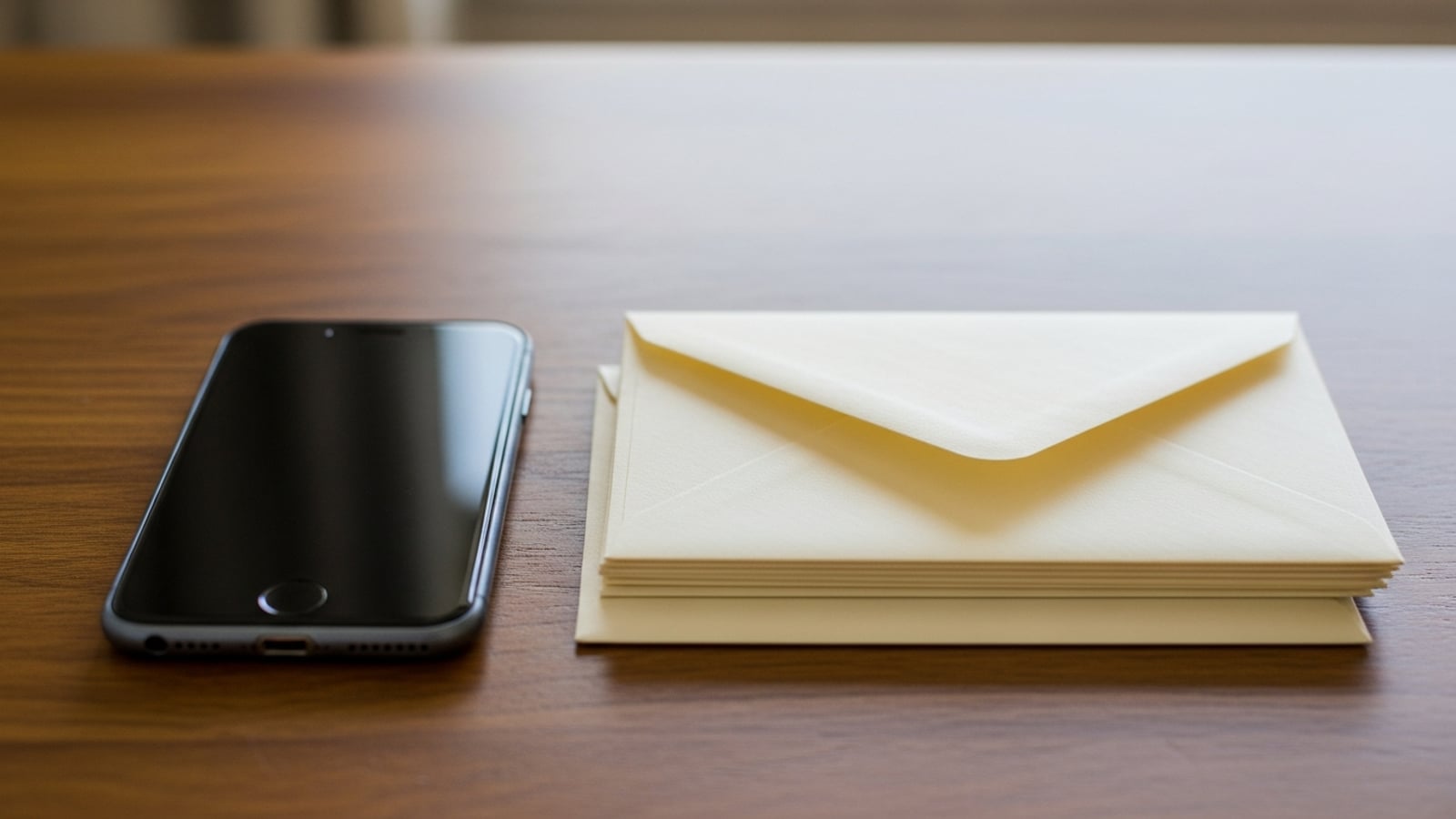 A smartphone resting beside a stack of traditional paper invitations and cream envelopes on a wooden table in soft daylight