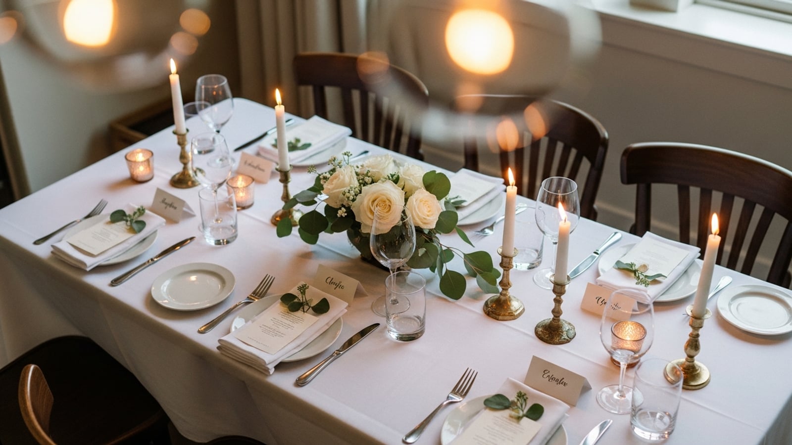 A dining table set for an intimate dinner party, with place cards and a floral centerpiece, ready for a small gathering of invited guests