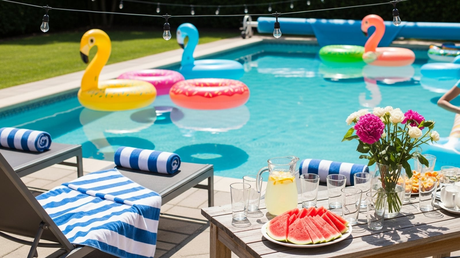A sunlit backyard pool with floating colorful rafts, lounge chairs with striped towels, and a table set with drinks and fruit on a warm summer afternoon
