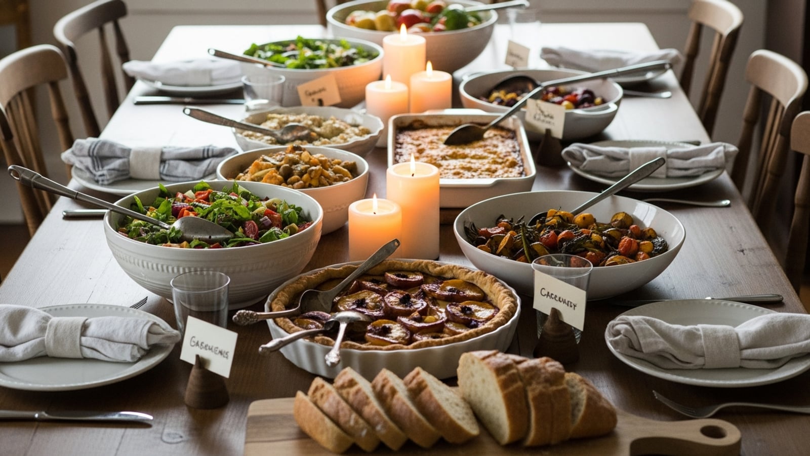 A farmhouse dinner table laid with multiple potluck dishes in ceramic serving bowls, small ingredient cards, and mismatched linen napkins, lit by warm candlelight