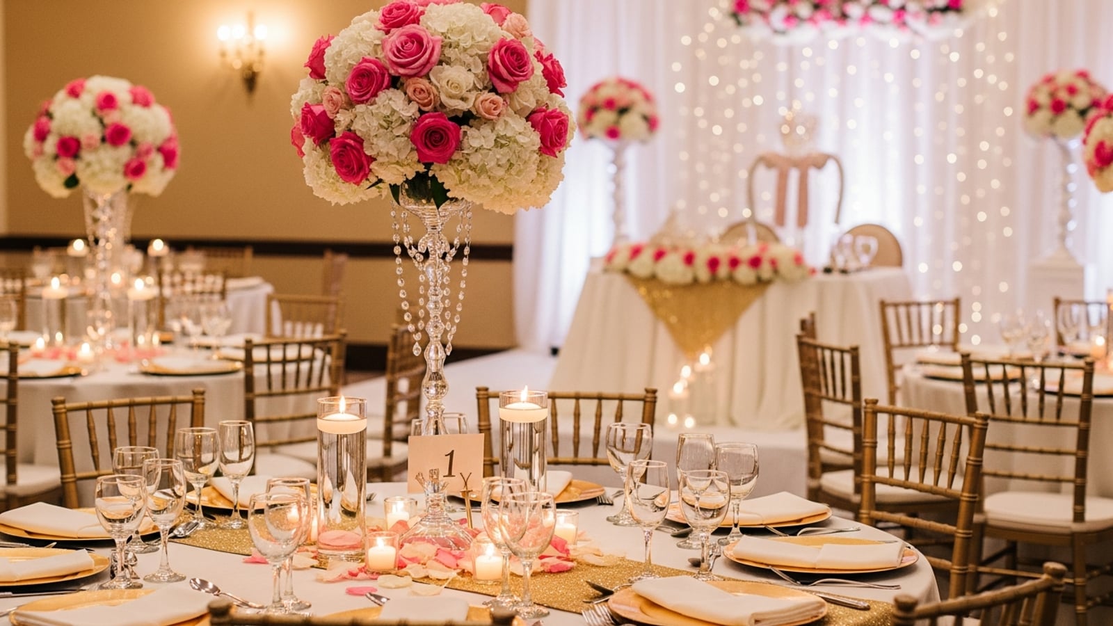 An elegantly set quinceañera reception table with tall floral centerpieces, gold charger plates, folded napkins, and flickering candles in a softly lit ballroom