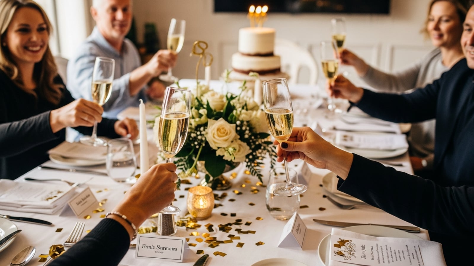 A festive retirement party table with champagne flutes raised in a toast, golden confetti, white floral centerpiece, and a celebration cake in soft warm indoor lighting