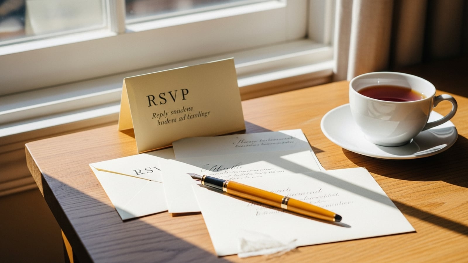 Cream RSVP reply cards and addressed envelopes with a fountain pen and a cup of tea on a sunlit wooden table beside a window