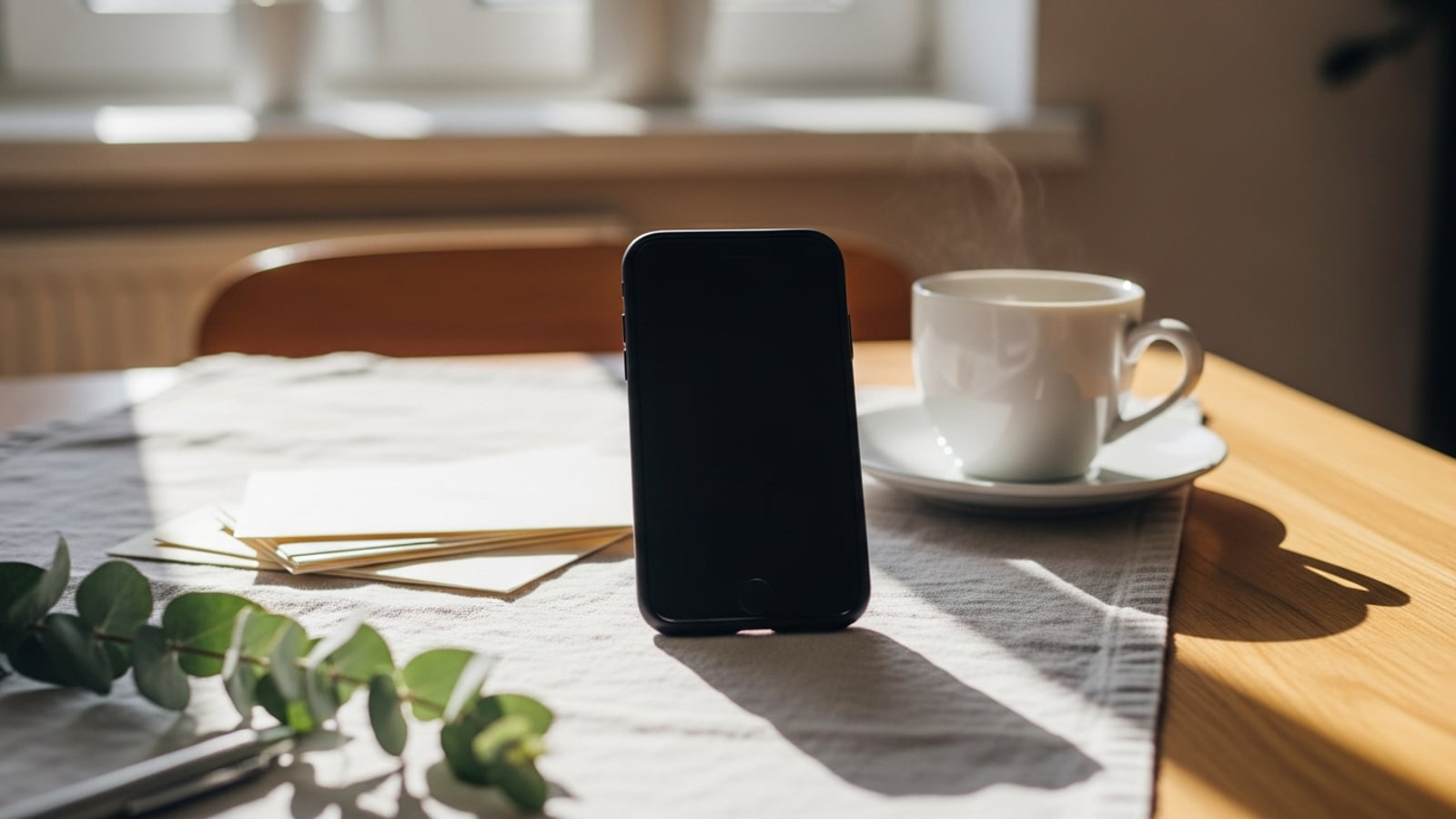 A smartphone propped on a sunlit kitchen table beside a cup of coffee and a stack of cream envelopes