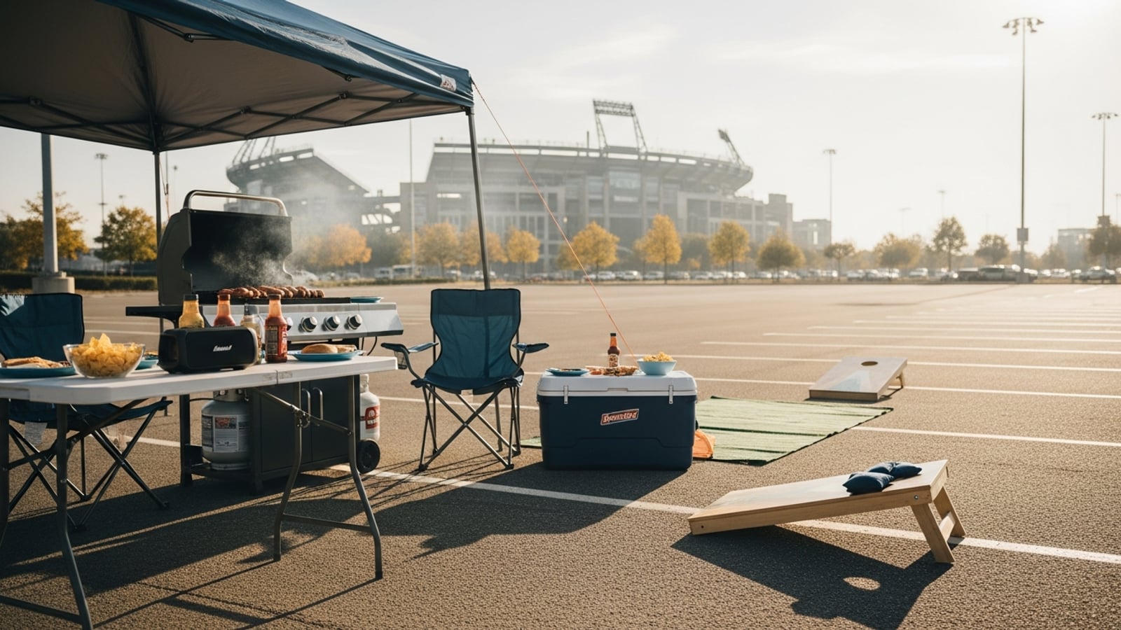 A tailgate party setup in a stadium parking lot with a pop-up canopy, folding chairs, a sizzling grill, coolers, and cornhole boards on a sunny autumn afternoon