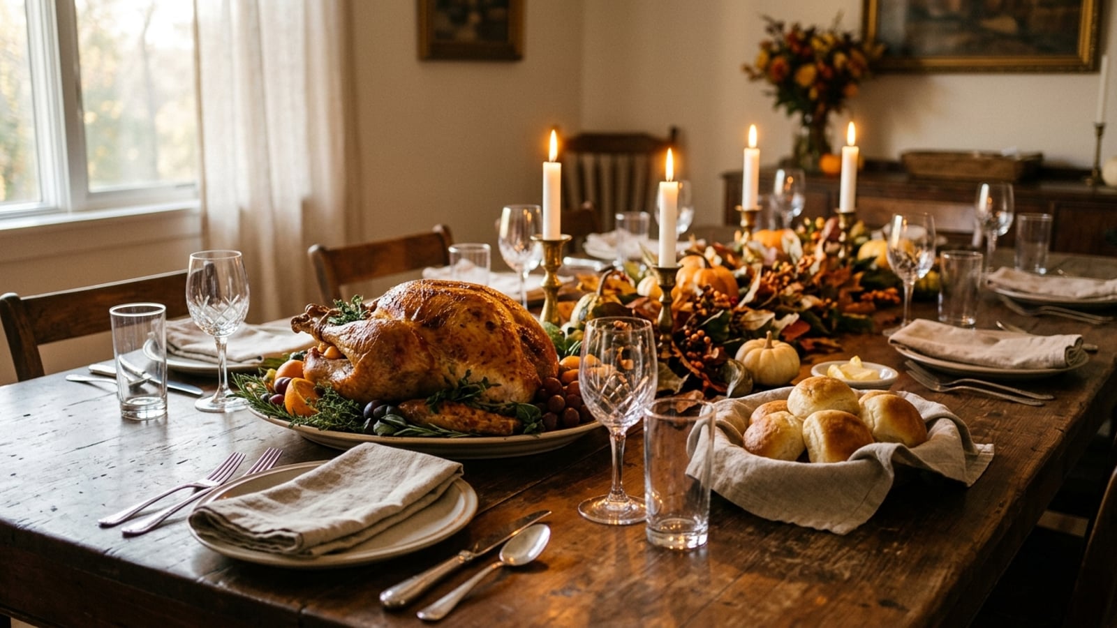 A warm Thanksgiving dinner table set for guests, with a roasted turkey centerpiece, autumn leaf arrangements, candles, and place settings on a wooden table