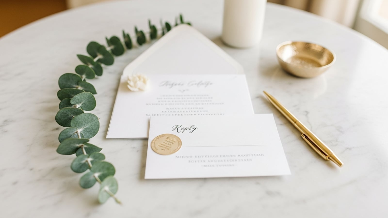 An elegant white wedding invitation suite with a reply card, eucalyptus sprigs, and a gold pen on a marble table in soft natural light