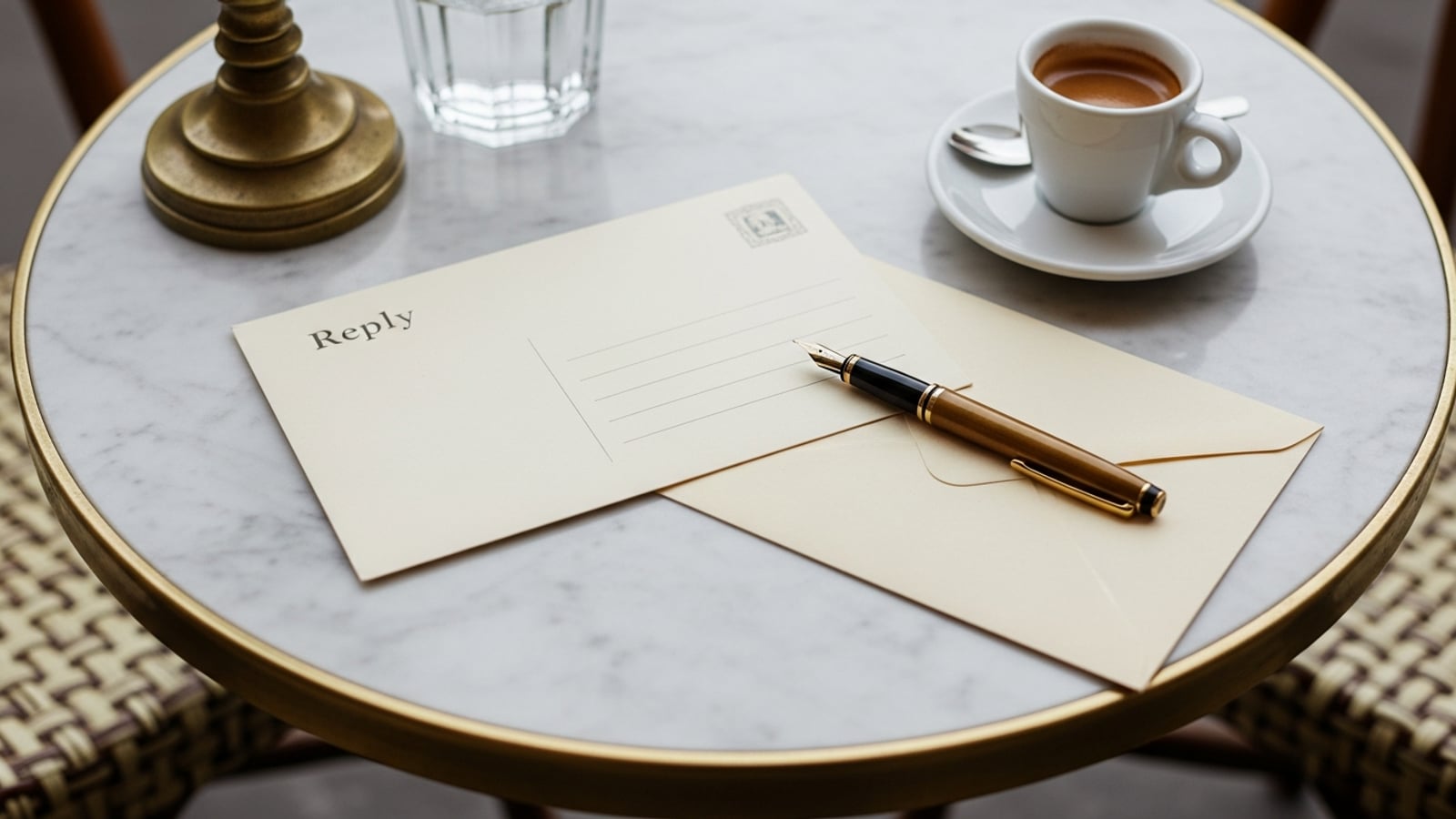 A cream reply card and a vintage envelope with a fountain pen on a marble café table beside a small espresso cup in warm light