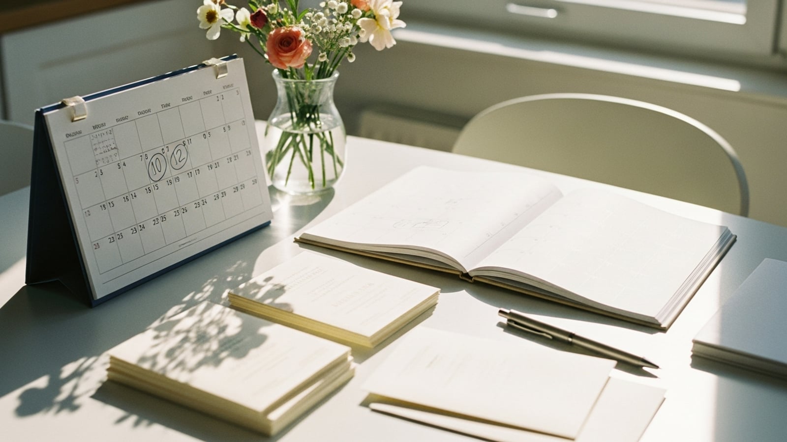 A sunlit kitchen table with invitation cards, a circled calendar, a pen, and a small vase of flowers